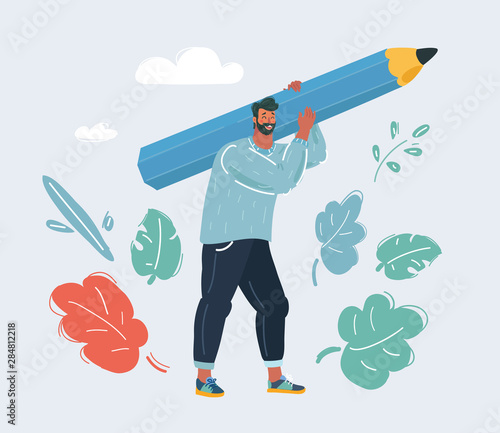 Man hold big pencil.