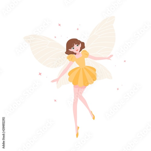 Cute funny fairy or flying elf in elegant dress with butterfly wings isolated on white background. Mythological creature, magical character from fairytales, legends. Flat cartoon vector illustration.