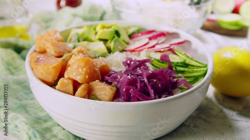 Poke bowl, traditional Hawaiian raw fish salad. 4K