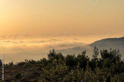 Beautiful colorful sunset over the mountain range and pine tree forest. Nature landscape. fogy sky with some orange reflections.