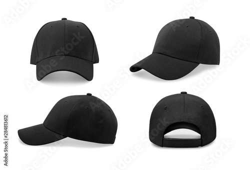 Obraz na plátně Black baseball cap in four different angles views. Mock up.
