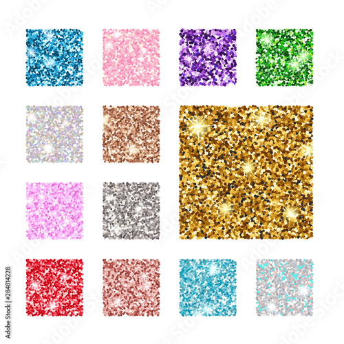 Set square color glitter texture pattern. Gold, silver, red, pink, blue, green, purple.