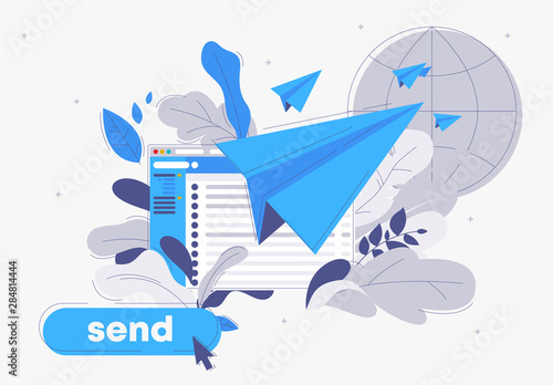 Vector illustration of the concept of mail client in the browser, button sending e-mail to the world wide web, paper plane letters