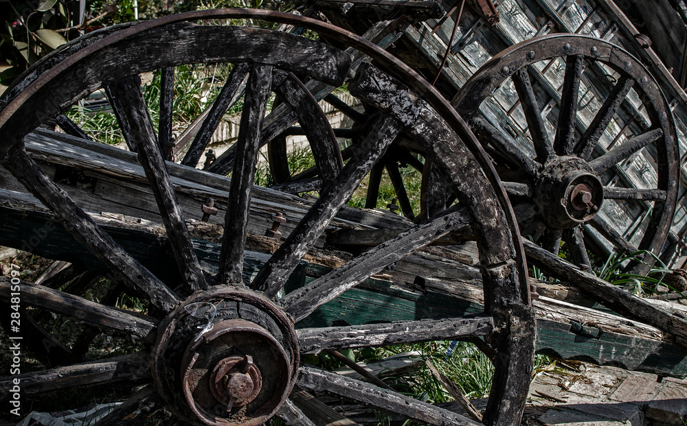 Closeup of old carriage wheels