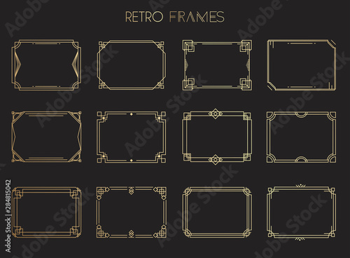 Gold retro frames. Style of 1920s. Collection of golden premium promo seals/stickers.