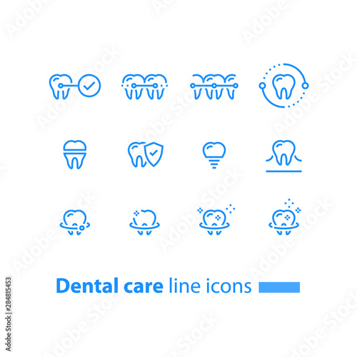 Teeth braces, dental care, stomatology services, cleaning and whitening, implant and crown, protection concept, line icons