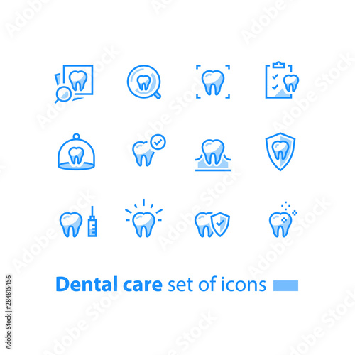 Stomatology services, dental care, prevention check up, hygiene and treatment, line icons