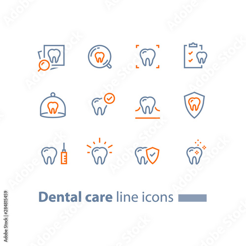 Stomatology services, dental care, prevention check up, hygiene and treatment, line icons