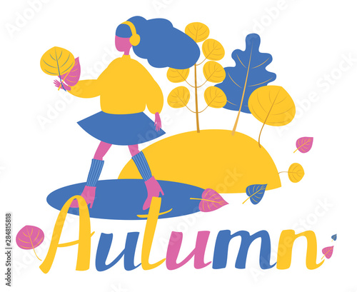 Girl in headphones walks in the fall. She holds autumn leaves in her hands. In the background a landscape with trees. Under her feet a puddle and flying leaves. Bright vector modern flat illustration 