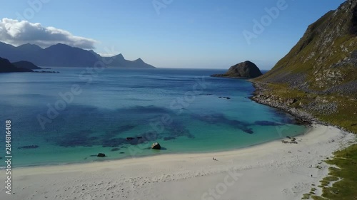 Aerial footage of Hauckland beach in Lofoten islands Norway photo