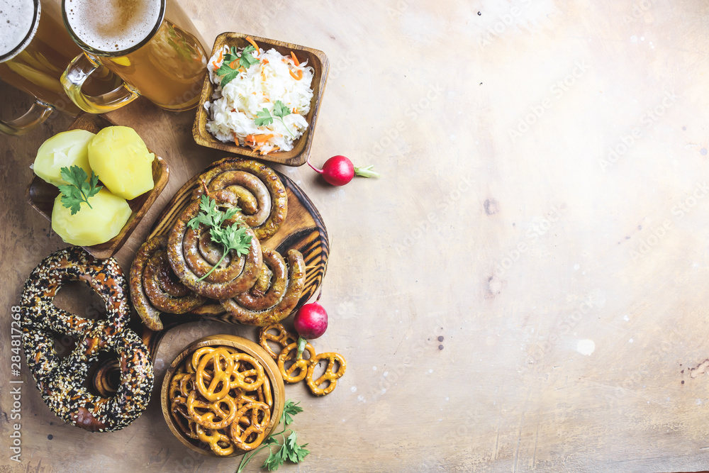 Meal for the Munich Oktoberfest with sausages and beer