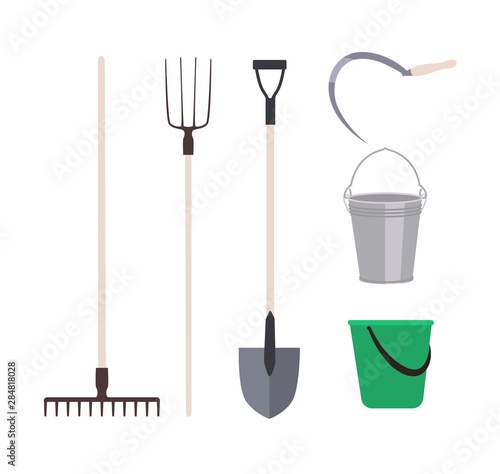 Collection of garden tools or agricultural implements isolated on white background - rake, pitchfork shovel, buckets, sickle. Set of equipment for harvest gathering. Flat cartoon vector illustration.