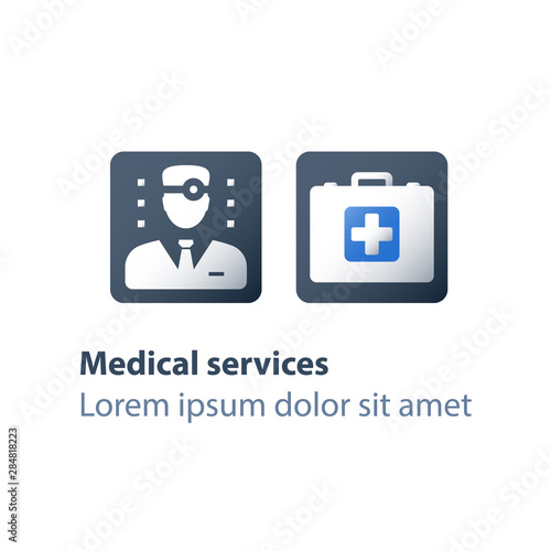 Doctor and first aid bag, call doctor to visit at home, medical services, health care worker, general practitioner, vector flat icon