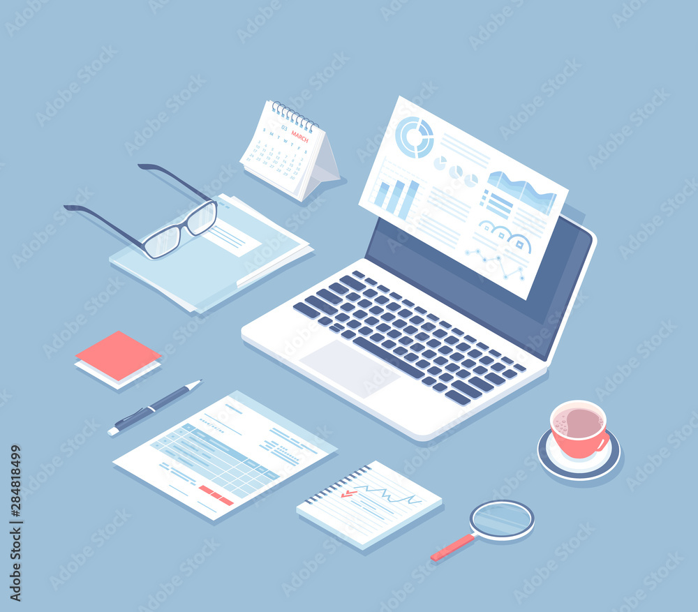 Data analysis, analytics, audit, reporting concept. Web and mobile service. Charts, graphs on the laptop screen, documents, notepad, folder. Work, workplace in the office, desktop. Isometric 3d vector