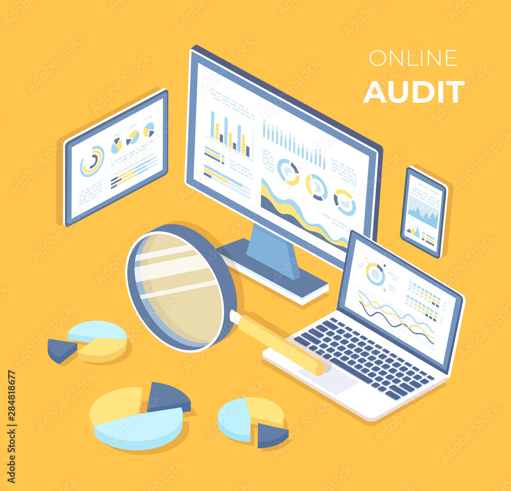 Online audit, analysis, research, report, analytics, concept. Web and mobile service. Charts graphs on screens of laptop, monitor, phone, tablet with magnifying glass. Isometric 3d vector illustration