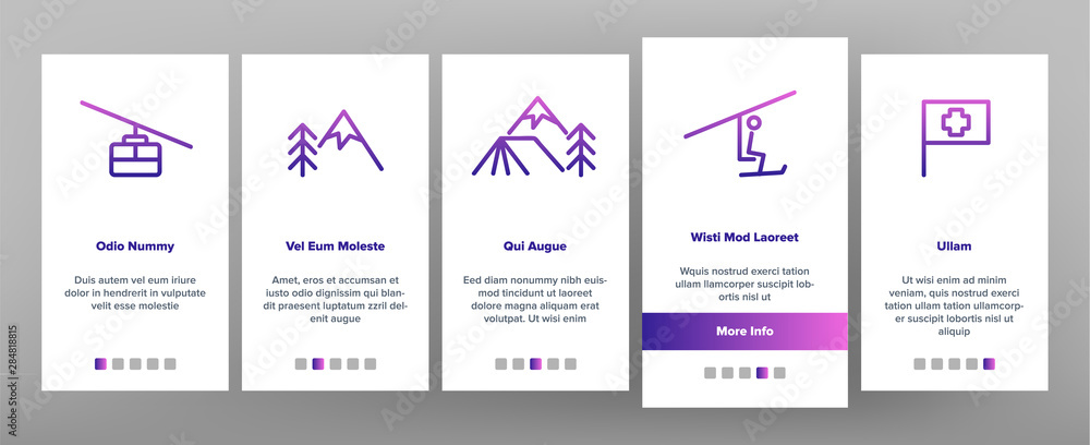 Color Mountain Alps Onboarding Mobile App Page Screen Vector Thin Line. Cable Way, Funicular And House On Alps Hills And Climbs Linear Pictograms. Nature Landscape Illustrations