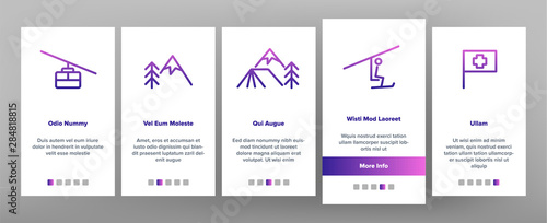 Color Mountain Alps Onboarding Mobile App Page Screen Vector Thin Line. Cable Way, Funicular And House On Alps Hills And Climbs Linear Pictograms. Nature Landscape Illustrations