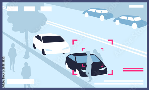 Video from CCTV cameras installed on city street with parked cars