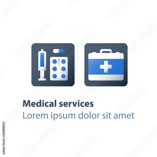 Pills and doctor's bag, pharmacy and medicine, medical drugs, antibiotics capsule, preventive vaccination, medication therapy