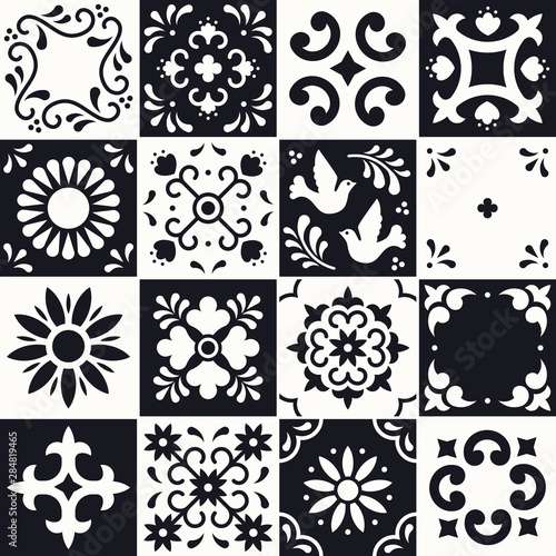 Mexican talavera pattern. Ceramic tiles with flower, leaves and bird ornaments in traditional style from Puebla. Mexico floral mosaic in black and white. Folk art design.