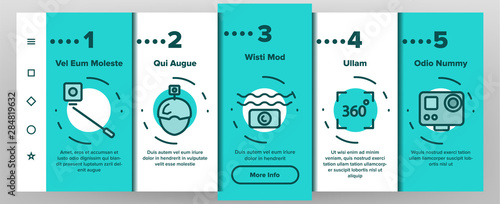 Color Action Camera Onboarding Mobile App Page Screen Vector Thin Line. Types Of Camera Linear Pictograms. Device Stick And Object Glass, Recording Mode And Watertight Housing Illustrations