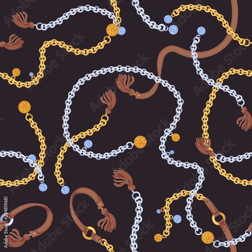 Seamless pattern with stylish golden and silver chain belts with coin charms and leather tassels on black background. Backdrop with scattered stylish accessories. Vector illustration in vintage style.