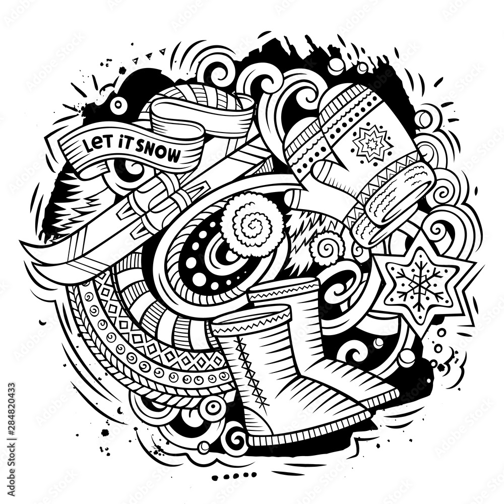 Cartoon doodles Winter illustration. Contour drawing cold season funny picture
