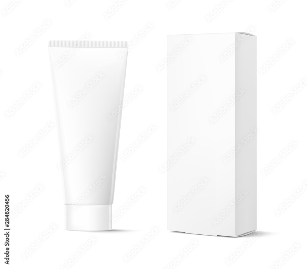 Blank plastic tube for cosmetics with cardboard box mockup. Front view. Vector illustration isolated on background. Can be use for your design, advertising, promo and etc. EPS10. Blank plastic tube for cosmetics with cardboard box mockup. Front view. Vector illustration isolated on background. Can be use for your design, advertising, promo and etc. EPS10.