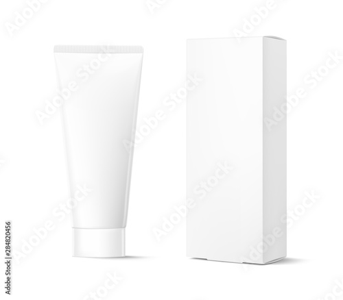 Blank plastic tube for cosmetics with cardboard box mockup.  Front view. Vector illustration isolated on background. Can be use for your design, advertising, promo and etc. EPS10. 