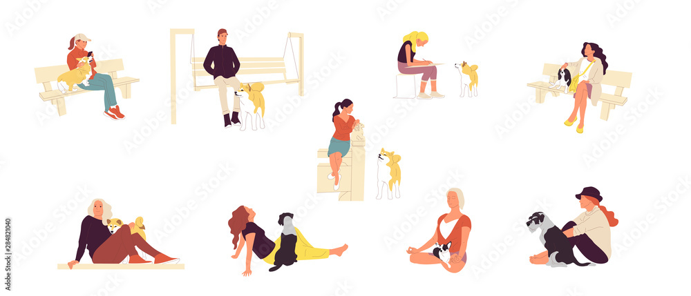 Set of many people sitting with their dogs. Men and women outdoors with pets. Corgi, spaniel, shiba inu, terrier, chihuahua. Isolated on white background. Flat cartoon