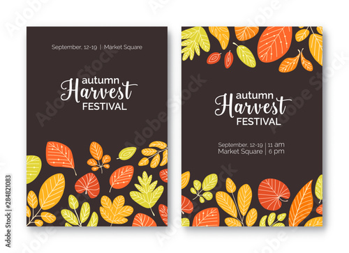 Bundle of flyer or poster templates for harvest festival announcement with colorful fallen autumn leaves or dried foliage