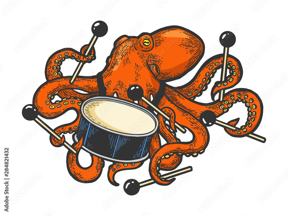 Octopus playing drum color sketch engraving vector illustration. Scratch  board style imitation. Black and white hand drawn image. Stock Vector |  Adobe Stock