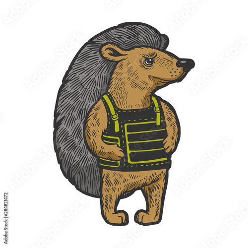 Hedgehog in flak jacket body armor color sketch engraving vector illustration. Scratch board style imitation. Black and white hand drawn image.
