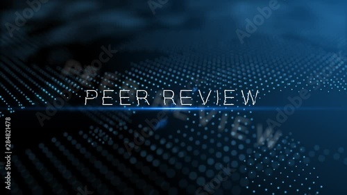 Peer review modern intro text 3D animation with lens flare and depth of field focus blur