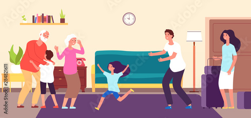 Kids meet grandparents. Grandson granddaughter hug grandma grandpa. Grandchildren grandfather grandmother happy family vector concept. Illustration grandma and grandpa, happy people together