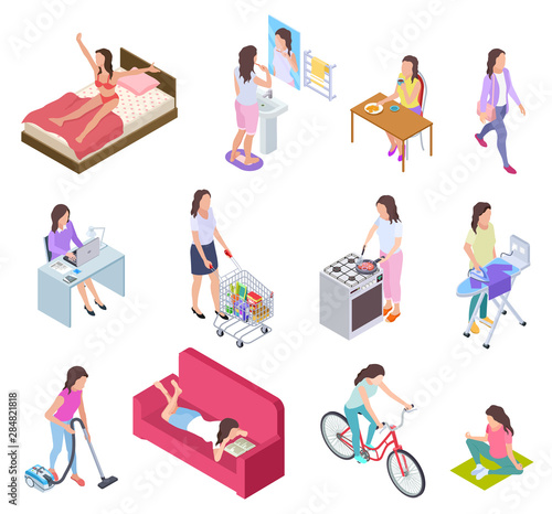 Woman daily routine. Housewife ironing and shopping, doing fitness and cooking. Female everyday lifestyle isometric vector characters. Illustration routine daily activity, girl breakfast, housework