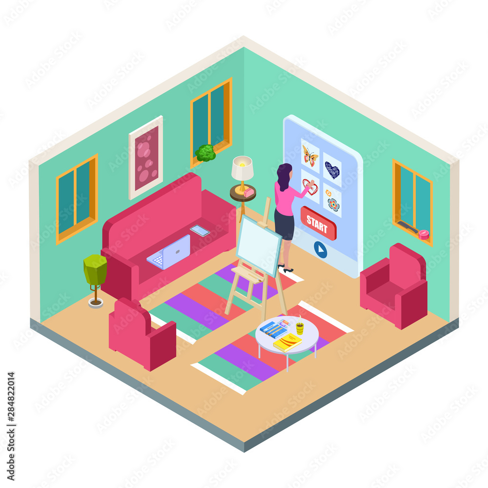 Girl chooses drawing lesson. Home art studio, isometric vector living room, couch, easel and online drawing lessons. Online course training, student e-learning app illustration Girl chooses drawing lesson. Home art studio, isometric vector living room, couch, easel and online drawing lessons. Online course training, student e-learning app illustration