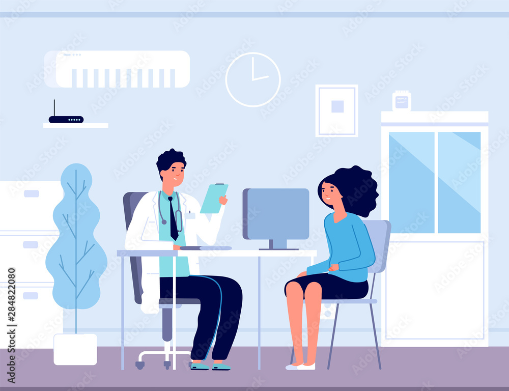 Patient in doctor office. Physician medical consulting. Diagnosis treatment patients in hospital, healthcare vector concept. Diagnosis patient and care, treatment healthcare