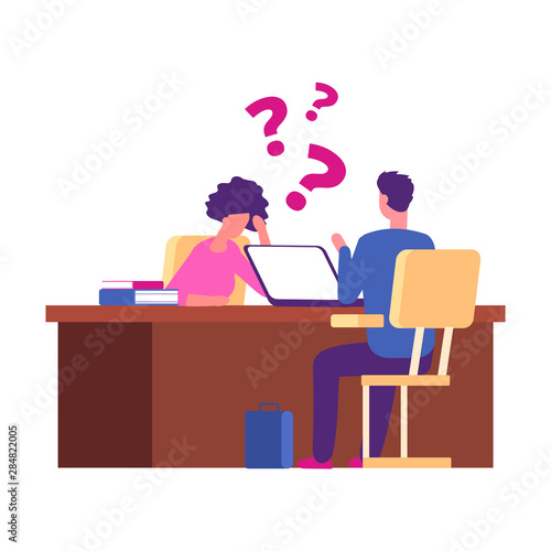 Student has problems at interview. Examination, university interview vector concept. Illustration employee interview, problem student solution