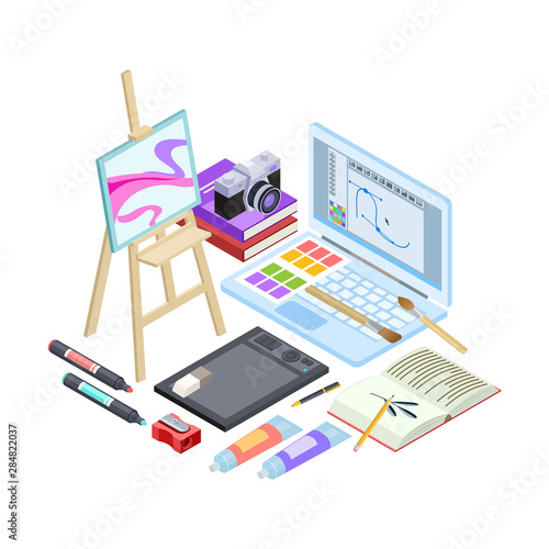 Isometric stationery and drawing tools isolated on white background. Vector art tools, brushes, paints, sketchbook illustration. Education isometric art tool, stationery brush and paint
