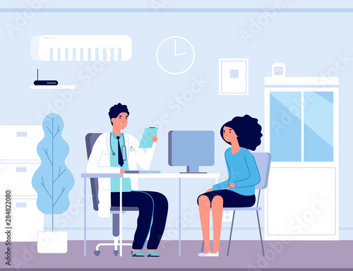 Patient in doctor office. Physician medical consulting. Diagnosis treatment patients in hospital, healthcare vector concept. Diagnosis patient and care, treatment healthcare