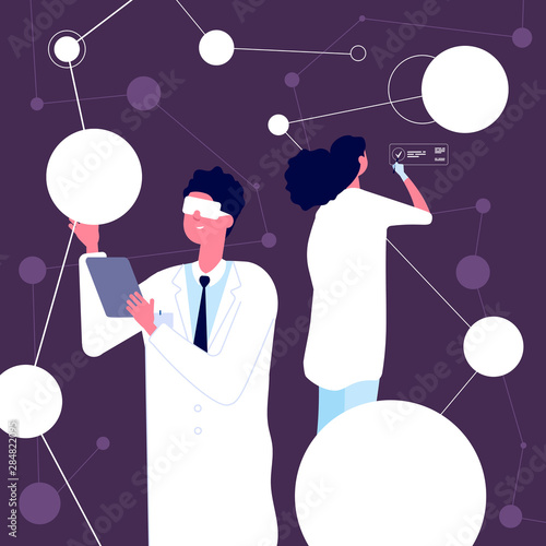Researching scientist. Man in white lab coat checking neural structure in neuroscience laboratory. Science researchers vector concept. Illustration research professional experiment