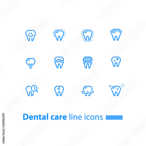 Stomatology services, dental care, prevention check up, tooth implant and crown, line icons