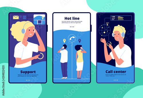 Online support concept. Customers chat operator, consultant answers client. Call center, customer service vertical vector layouts. Operator call, service support customer, help online illustration