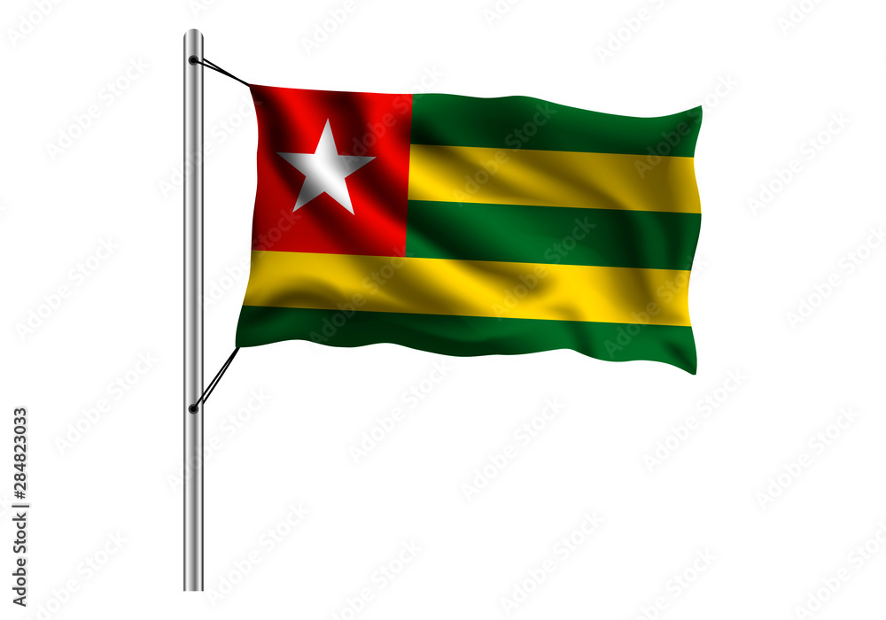 Waving Togo flag on flagpole on isolated background, flag of Togo, vector illustration Waving Togo flag on flagpole on isolated background, flag of Togo, vector illustration