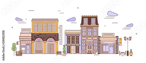Cityscape with district of exquisite elegant residential buildings of European architecture. Urban landscape with living houses, bakeshop, coffeeshop. Colorful vector illustration in line art style.