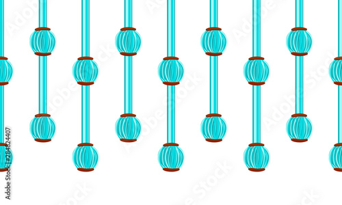 Vector seamless border pattern. Trendy punch pastel colors, mint and choco shades. Round bundle tassels from yarn, tread with beads. Horizontal endless border, abstract design