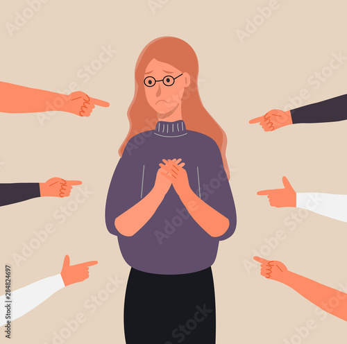 Victim woman scene in society. Stressed girl in shame and hands with pointing finger.