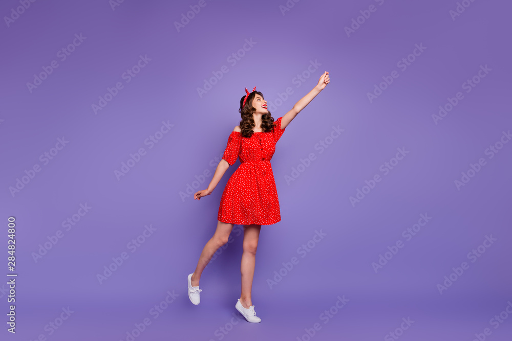 Full body photo of pretty lady going to fly air wear off-shoulders dress isolated purple background Full body photo of pretty lady going to fly air wear off-shoulders dress isolated purple background