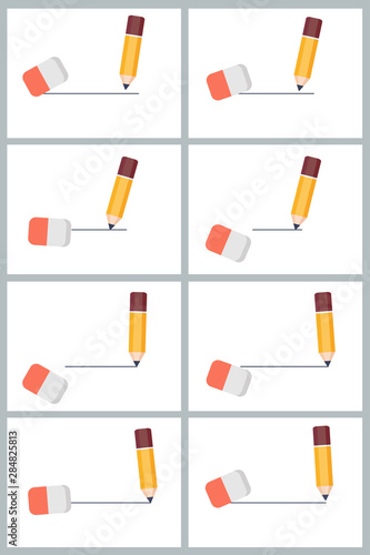 Pencil drawing and eraser erasing line animation sprite sheet isolated on white background